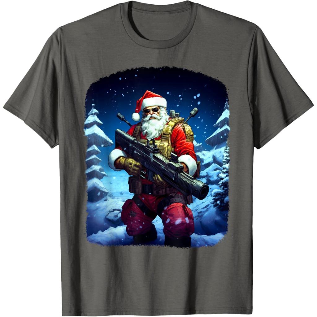 Tactical Santa Gun Graphic Print Men's Cotton Casual Round Neck T-Shirt