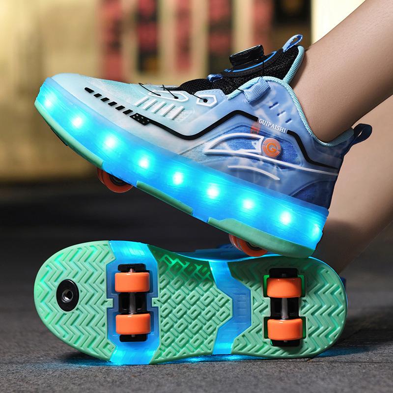 Nouvelles Lumières Colorées Amélioration Lacets Runaway, Freins Garçons Chaussures Éclatantes Filles Enfants Patins à Roues Alignées Quatre Roues Roues Doubles avec Roues 39 blue