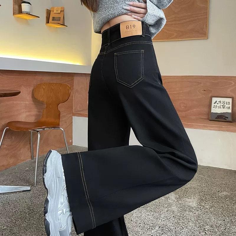 Black narrow wide-leg jeans for women, fleece-lined autumn/winter, new high-waisted stretch straight-leg pants