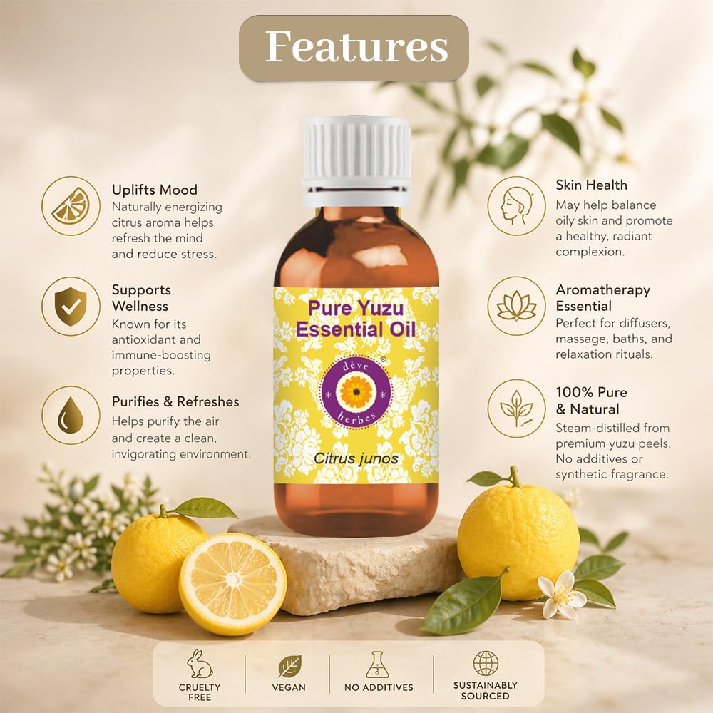 Deve Herbes Pure Yuzu Essential Oil (Citrus junos) |Non-Sticky | Non-greasy | Lightweight | Men & Women | All Skin Types | Steam Distilled | 10ml
