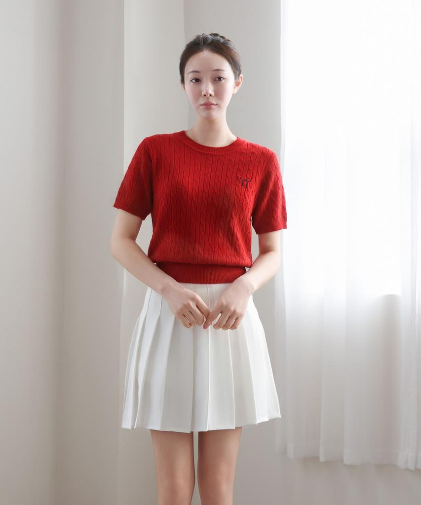 Keulleiseu Ribbon Cable Short Sleeve Knit_ Dark Red