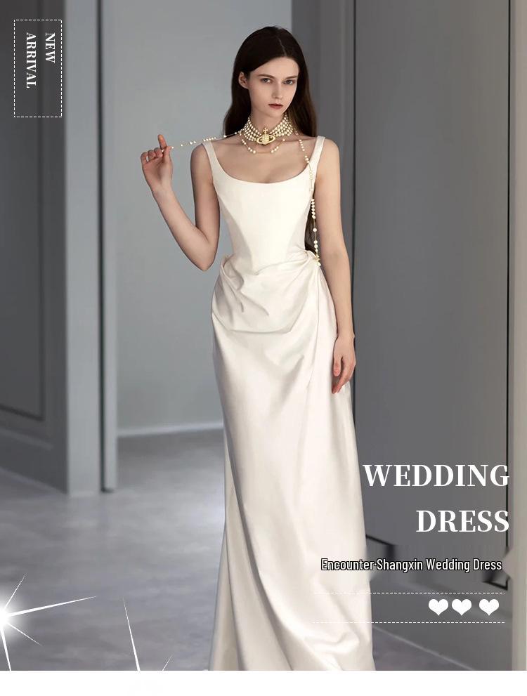 2025 Retro Satin Light Wedding Dress - Simple Spaghetti Strap Gown with Small Train