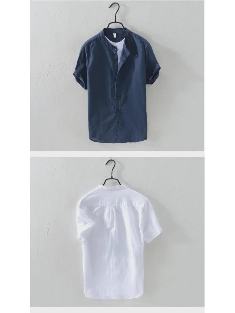 Men's Short-Sleeve Chinese-Style Linen Cotton Shirt - Casual Loose Fit