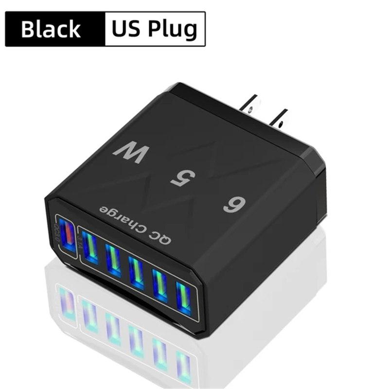 65W 6 Ports USB Charger Fast Charging QC3.0 Travel Charger for IPhone 14 Samsung Xiaomi Mobile Phone Adapter EU KR US UK Plug