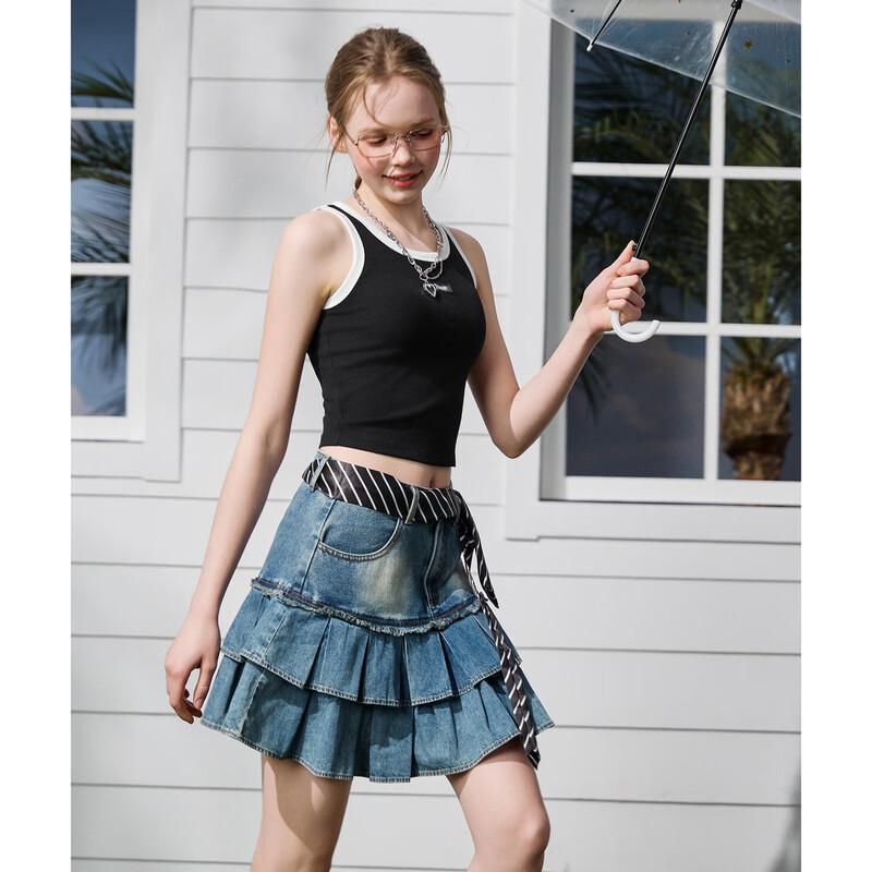 TonLion 2026 Summer Women's A-Line Patchwork Denim Short Skirt