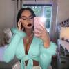 Women Bodycon Cropped Tops Solid Color Shirt  Sexy Short Cropped Top Plunging Neckline Long Sleeve Tops with Fur Cuffs