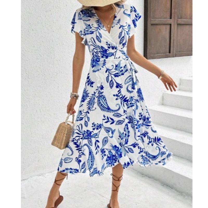 

Western Style Summer New V-neck Print Lace-up Solid Frill Feifei Short sleeve Mid-Length Dress Women Blue XL