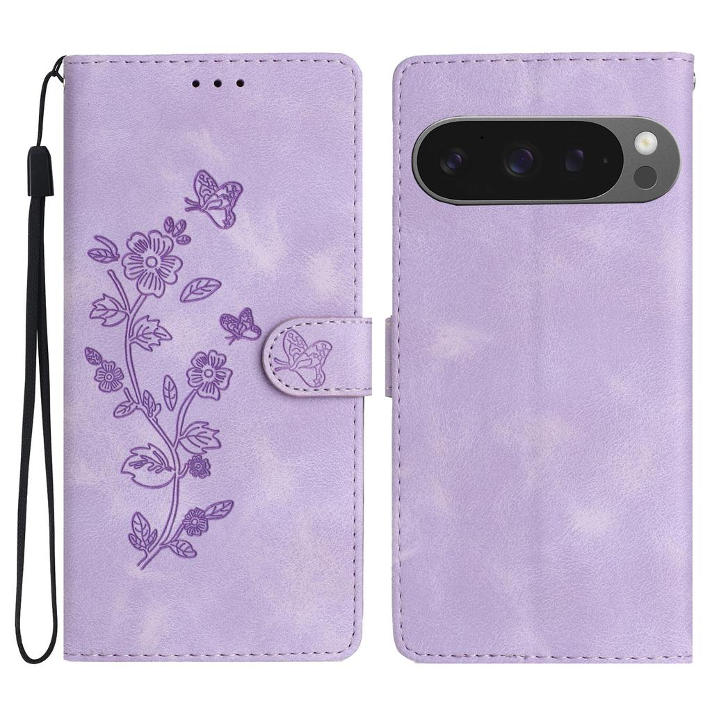 For Google Pixel 9 Pro XL Case Leather Imprinted Flower Phone Cover Wallet with Wrist Strap
