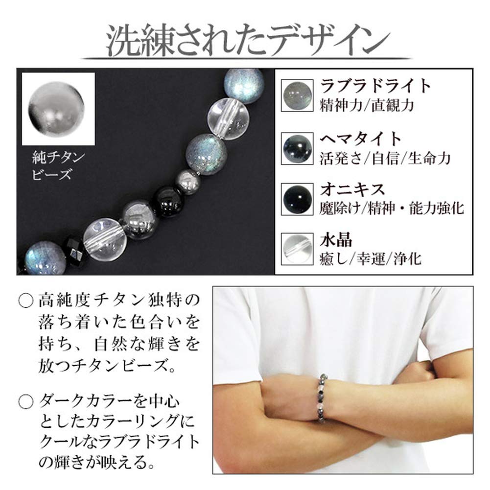 Phiten Limited Edition Titanium Natural Stone Power Stone Bracelet with Labradorite, Hematite, and Onyx, 8mm, Approximately 18-23cm Long, Healthy