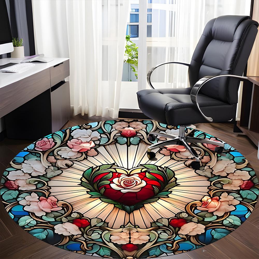 1pc Stained Glass HeartChair Carpet for Office, Indoor Non-Slip Washable Polyester Fiber Carpet, Mat For Office, Machine Washable