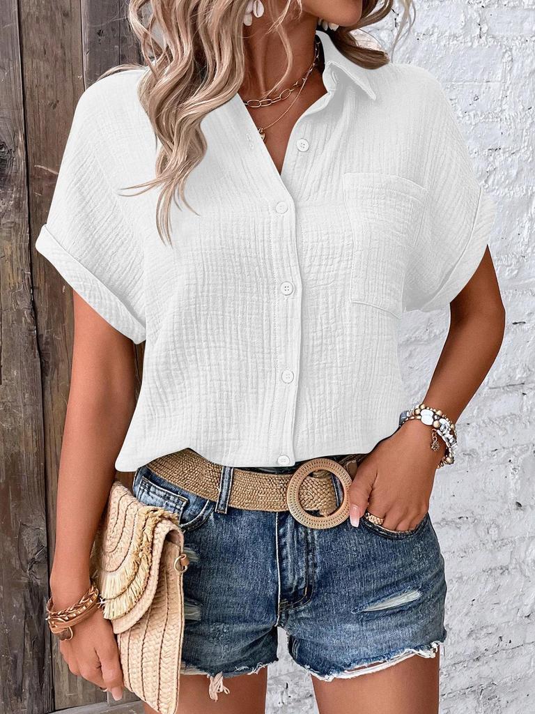 2024 Summer Women's Casual Solid Color Crinkle Fabric Batwing Sleeve Button-Down Shirt