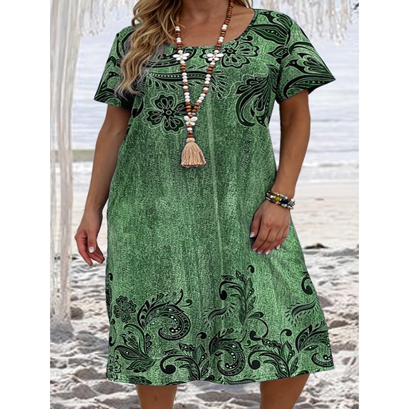 

Женская мода Лето Весна Принт Короткий рукав Круглый вырез Свободная линия талии Повседневные платья Большой размер XL зелёный