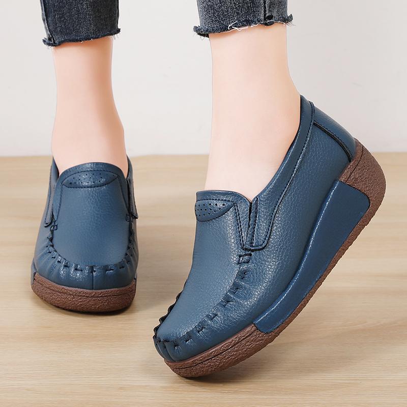 Spring and Summer Women Fashion Loafers Genuine Leather Moccasins Autumn Slip-on Casual Round Toe Wedge Platform Rocking Shoes