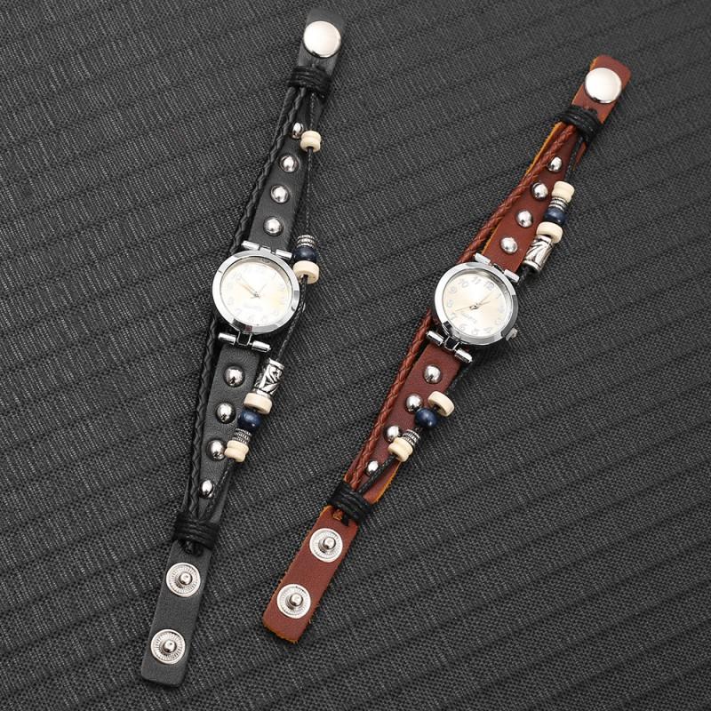 Vintage Leather Mens Wristwatch Punk Style Quartz Watch With Pull-Through Buckle Black Brown