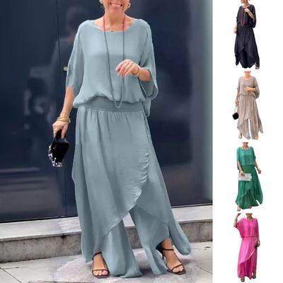 Casual tweedelig chiffon set voor dames, plus size moeder van de bruid, jurk, ronde hals, top met wijde pijpen, zwierige outfit voor bruiloftsgasten