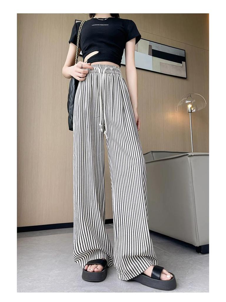 Women's Petite Retro Vertical Striped Wide-Leg Pants - Summer Casual Loose Fit