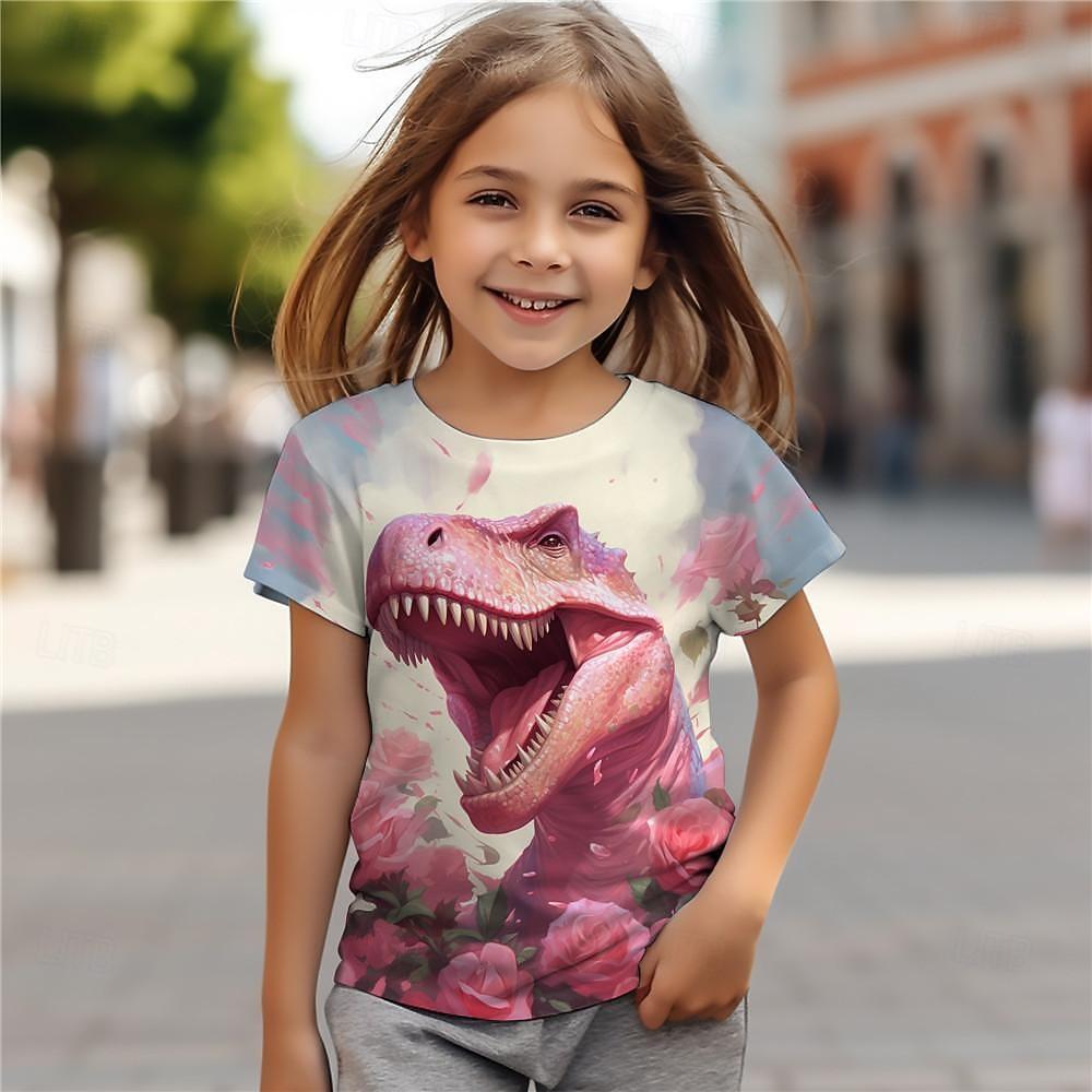 Girls  3D Floral Dinosaur Tee Shirts Pink Short Sleeve 3D Print Summer Active Fashion Top 150