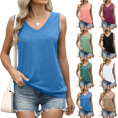 2025 Spring Summer Women's V Neck Solid Color Sleeveless Tank Top, Loose Fit Casual T-Shirt Blouse