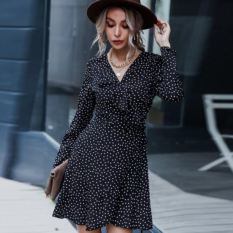 GMXIA Women's Fashion Summer Spring Polka Dot Print Long Sleeve V-Neck Casual Dresses