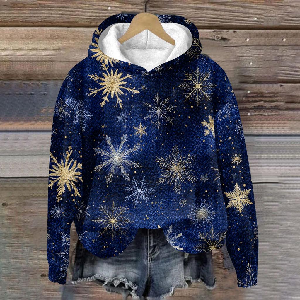 Damenmode Langarm Weihnachtsprint Lockerer Kapuzenpullover Top
