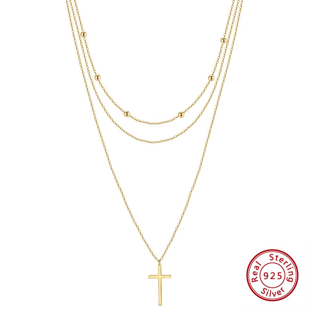 BQN07 RINNTIN Fashion Multi-Layer Cross Necklace Gold 925 Sterling Silver Chain Cross Pendant Necklace Women