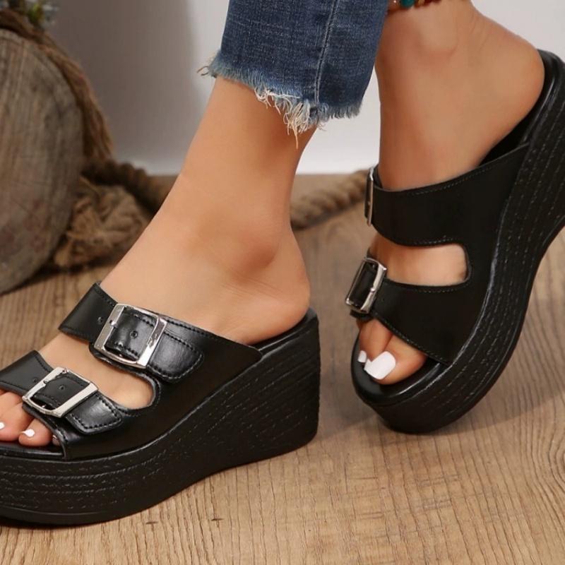

One word buckle with wedge heel slippers 34 чёрный