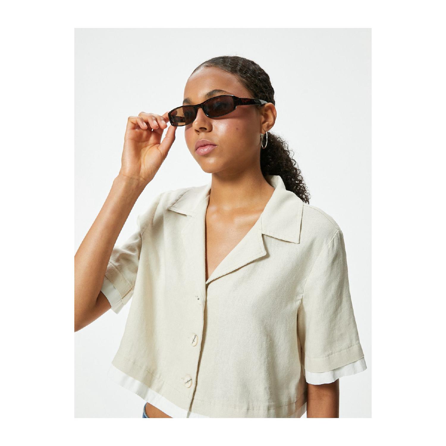

Crop Shirt Oversize Buttoned Short Sleeve Turn-down Collar Linen Blend 36 белый