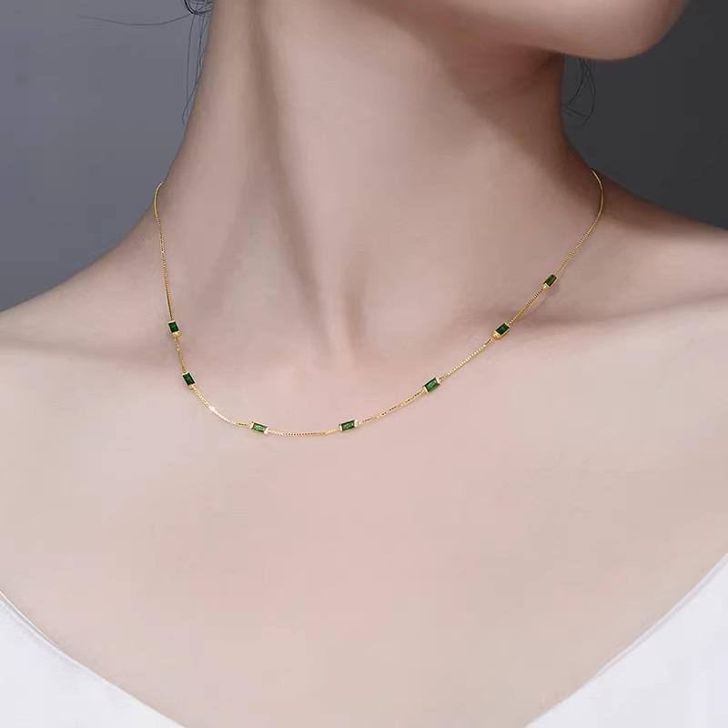 Vin14K Gold Plated Dainty Green Rectangle Cubic Zirconia Necklace Thin Snake Chain Minimalist Daily Choker Neck Jewelry for Women