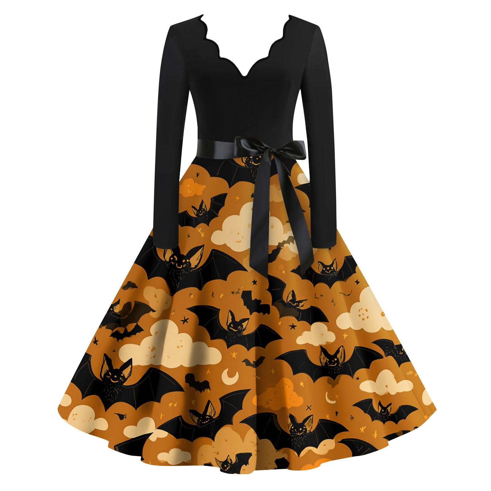 

Женские модные платья с волнистым краем, V-образным вырезом, повседневные, облегающие, с принтом на Хэллоуин, с длинным рукавом M оранжевый