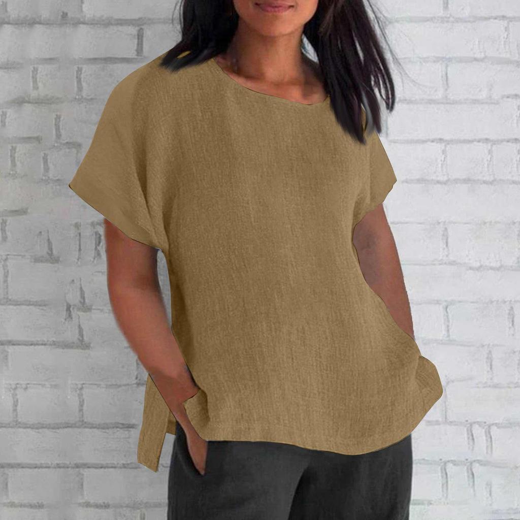 Women's Fashion Short Sleeve Round Neck Solid Colour Loose Casual Shirt Cotton Blouse