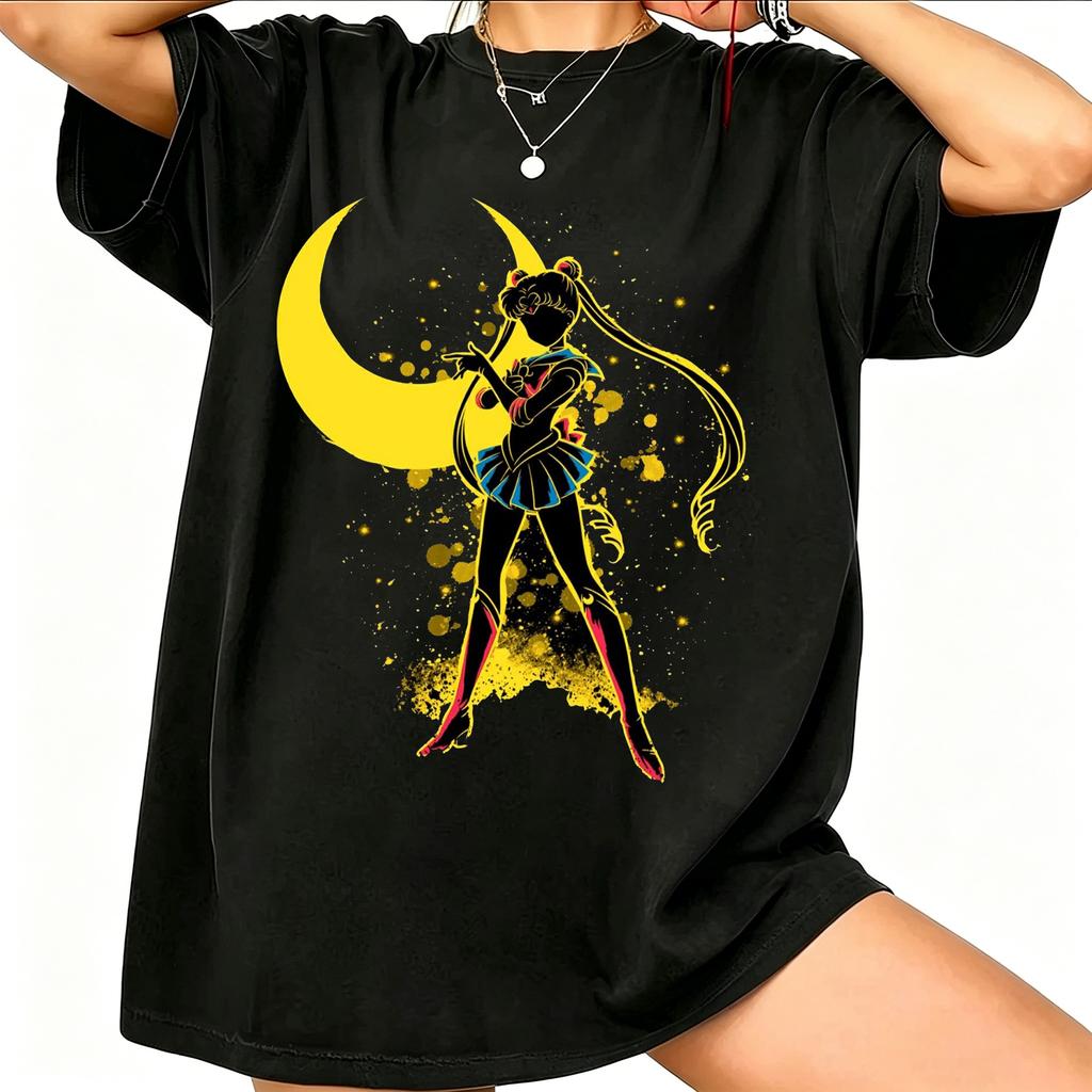 Retro American Cotton Short-sleeved T-shirt with Sailor Moon Print, New for 2026, Unisex, Urban Casual Style
