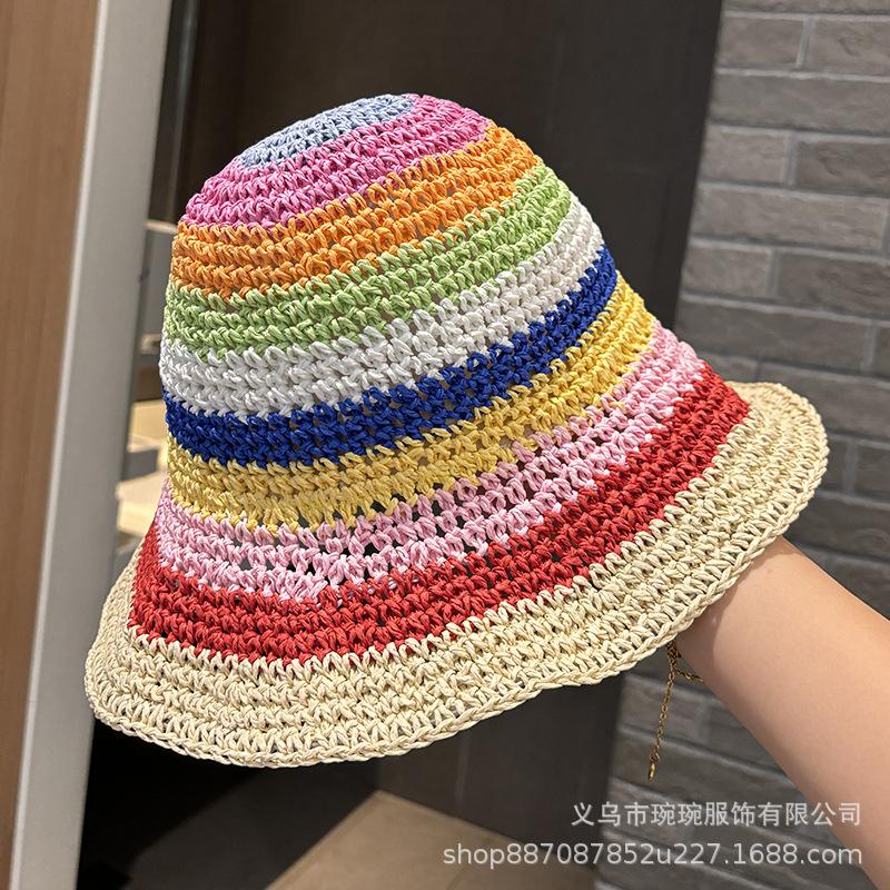 New Rainbow Straw Hat Women's Summer Travel Sunscreen Sunshade Bucket Hat Straw Striped Face Cover Basin Hat Beach Hat