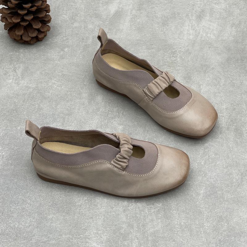Johnature Handmade Genuine Leather Soft Soled Flats Round Toe Soft Cowhide Women's Slip-on Shoes