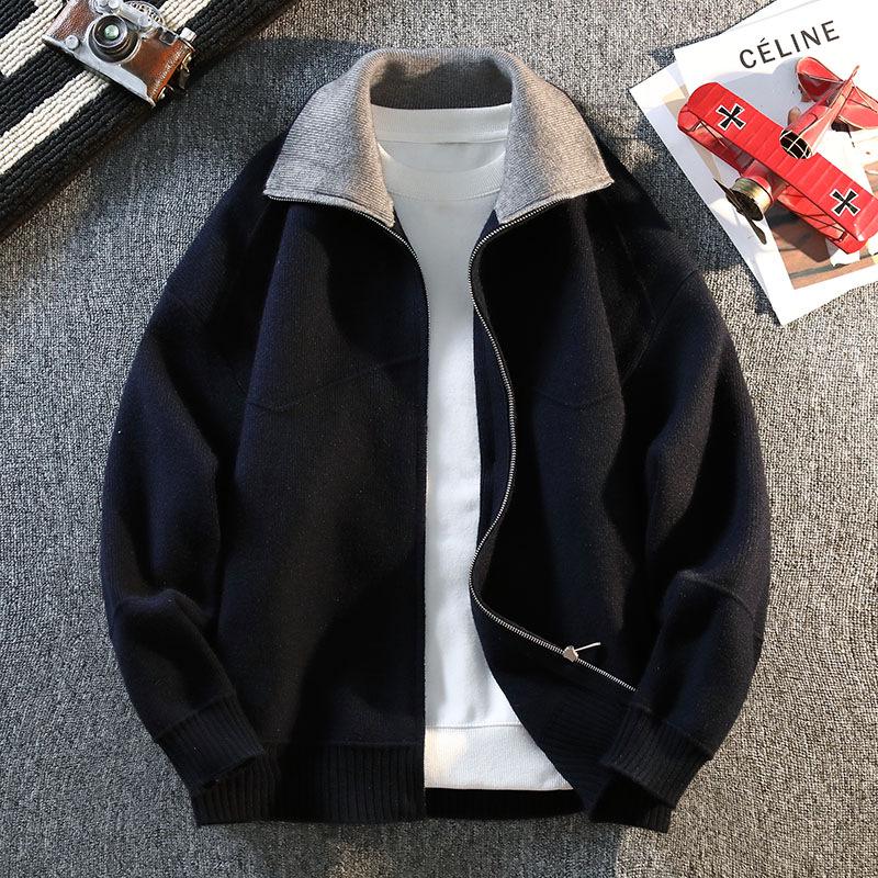 

Men s Retro Contrast Lapel Zipper Cardigan - Old Money Style Knit Sweater for Autumn/Winter XL синій