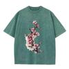 2026 Vintage gewaschenes Beige Chinesische Tinte Kirschblüten Grafik T-Shirt Blumendruck Oversized Lässiges Kurzarm-T-Shirt