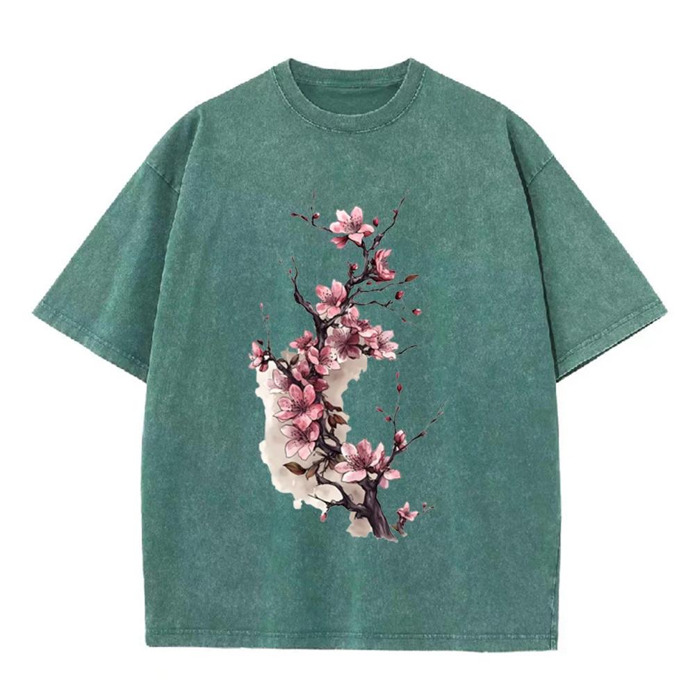 2026 Vintage gewaschenes Beige Chinesische Tinte Kirschblüten Grafik T-Shirt Blumendruck Oversized Lässiges Kurzarm-T-Shirt
