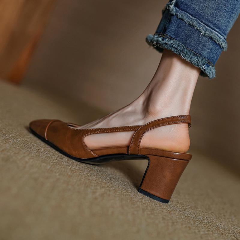 Summer beef tendon sole bag head sandals new women's casual empty sandals cover feet thick heel square head comfortable large size shoes