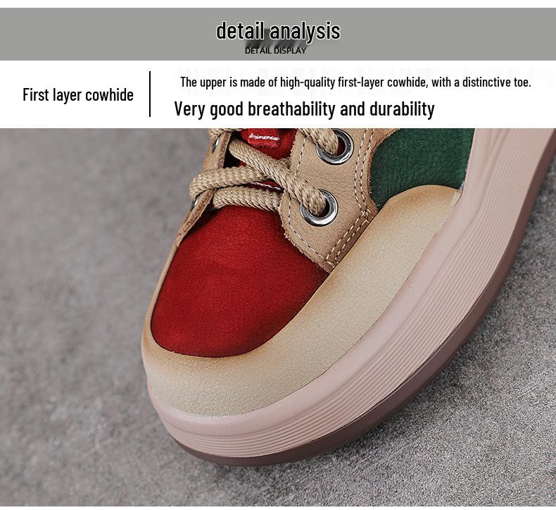 Autumn Women's Thick Sole Genuine Leather Lace-up Casual Shoes - Colorblock Low-top Spring Design