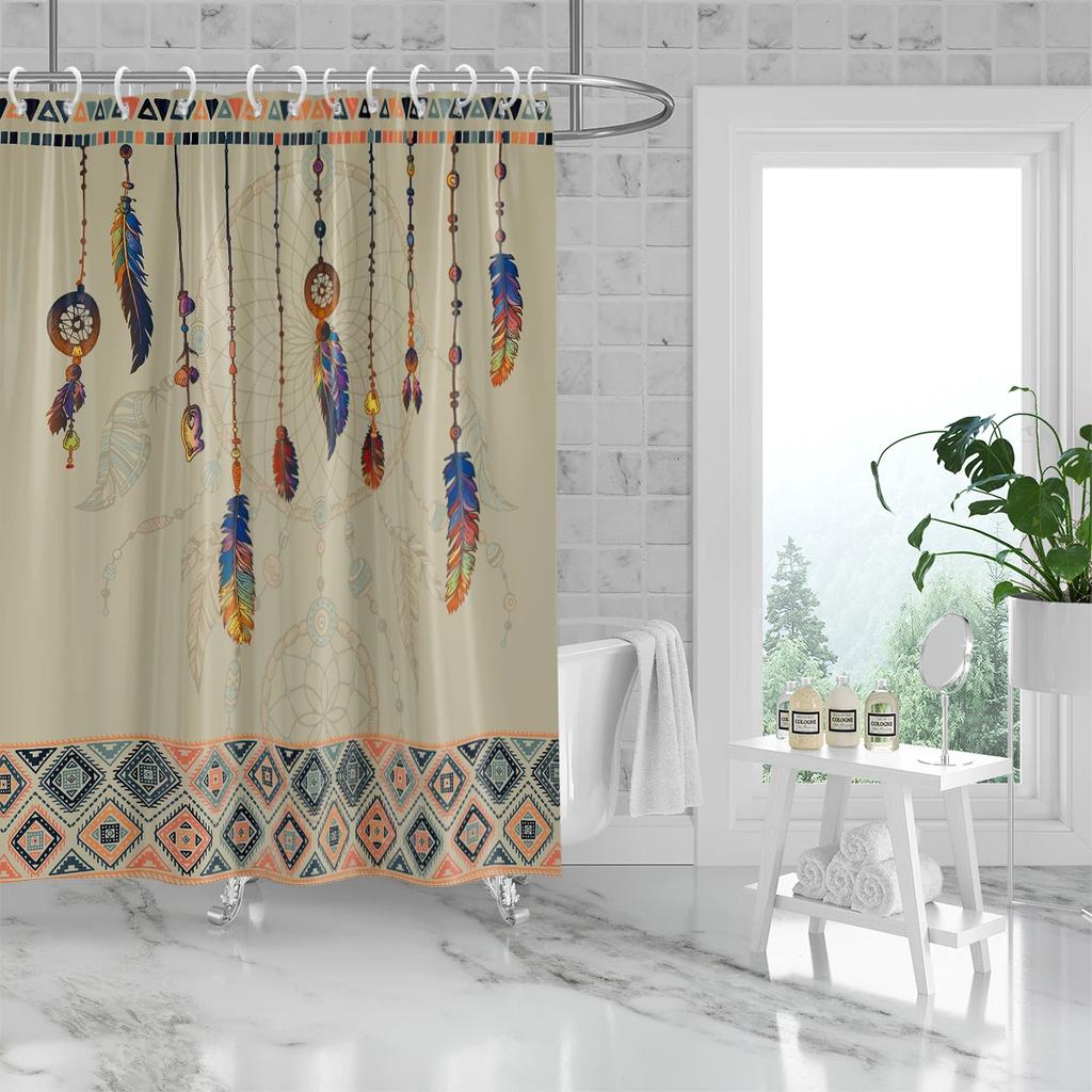 1PC Bohemian style wind chimes and feathers pattern printed shower curtain, waterproof, with 12 hooks, bathroom shower,home use