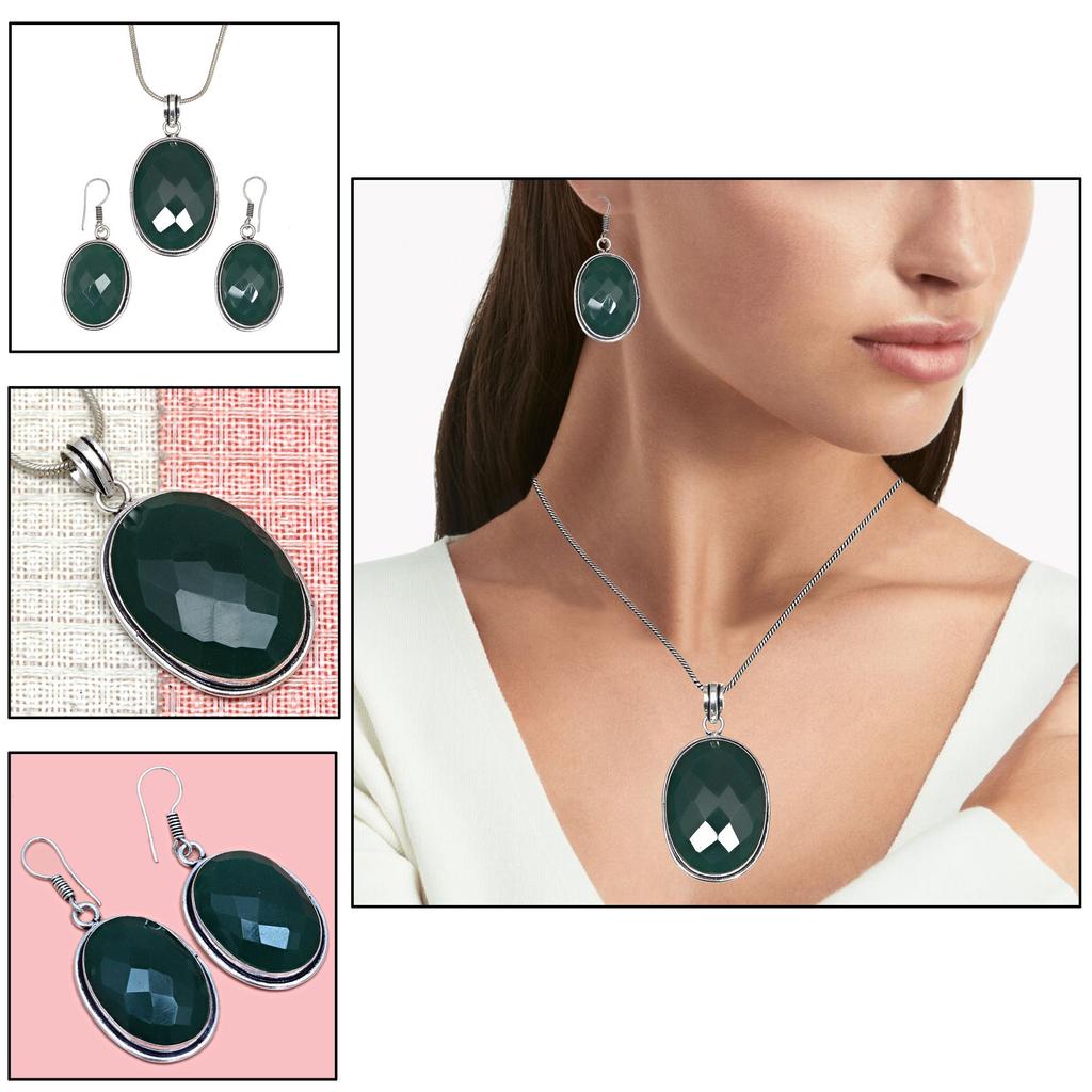 Onyx Green Pendant Set Earrings Jewelry Gemstone Handmade Ethnic