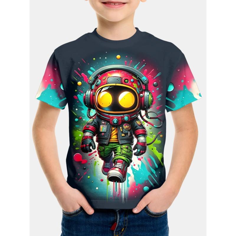 Summer Round Neck 3D Astronaut Graphic Printed Top Fashionable Casual Short Sleeved Children's Boy T-shirts