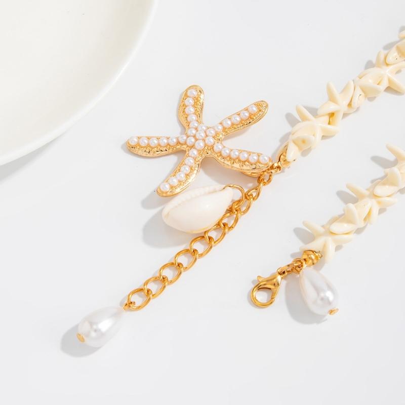 Shell Detail Anklet for Women Starfish Pendant Bead Drops Gold Tone Chain Jewelry for Beach Vacation Summer Styling