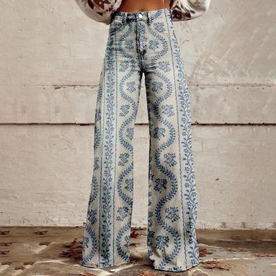 Damen Freizeithose Bunter 3D-Blumendruck Ausgestelltes Bein Hohe Taille Übergröße Jeans Knopf Reißverschluss mit Taschen Lojng-Hose für Verabredungen