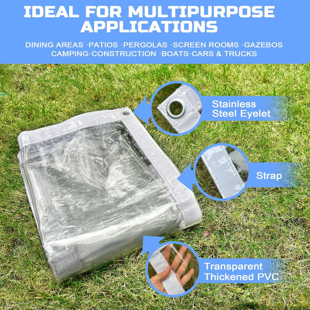 LTCANOPY Clear Tarp, 1.55m X 2.15m, 500g/m² Waterproof Vinyl Clear Sheet with Grommets, Double Seam Reinforced Plastic Edges, Durable Ripstop Tarp
