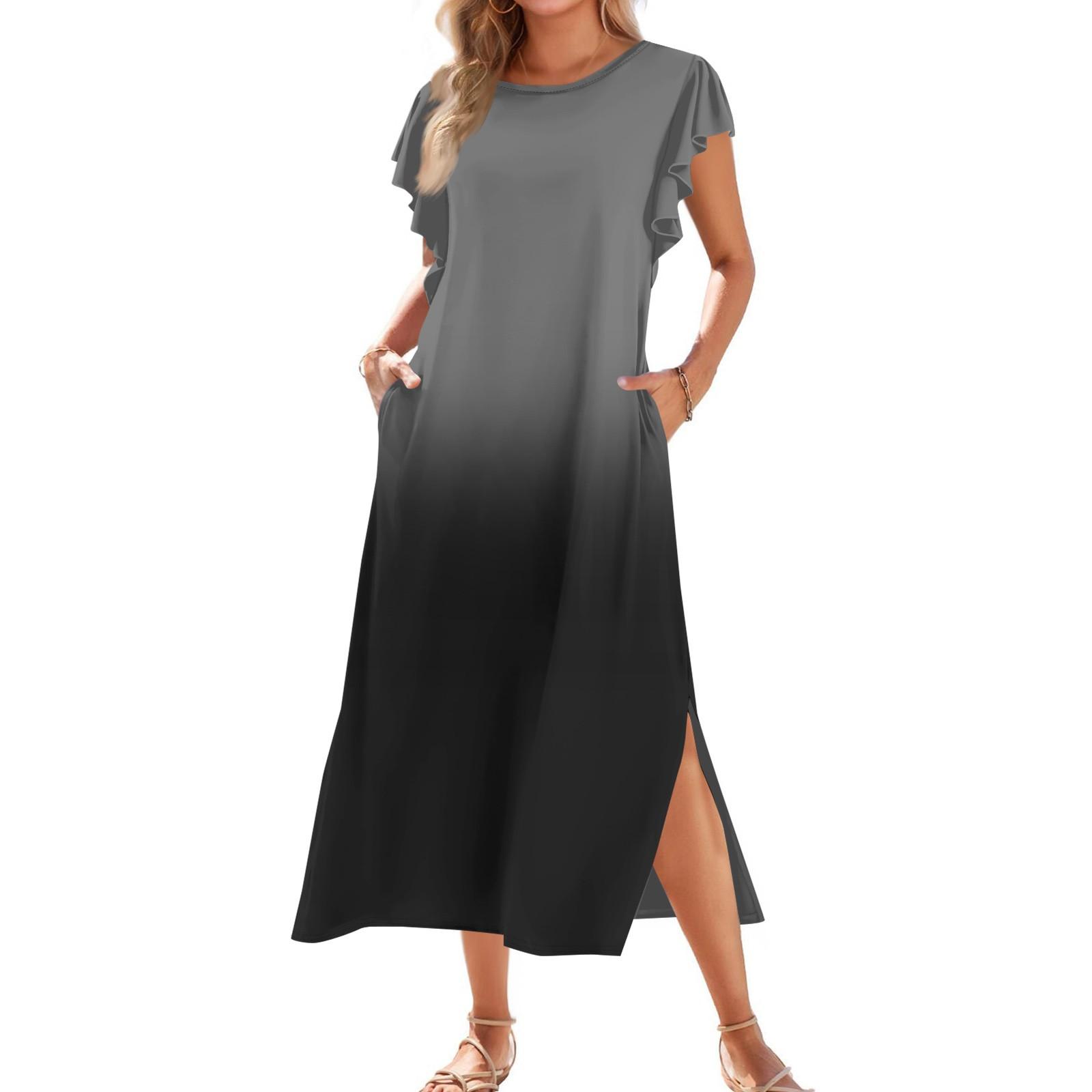 

Женское модное летнее повседневное пляжное платье с плиссированными рукавами, свободными короткими рукавами с градиентным принтом, круглым галстуком и карманом M чёрный