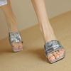 Fashion Women's New Spring/Summer European and American Square Head Leather Heavy Metal Mid Heel Large Open Toe Slippers