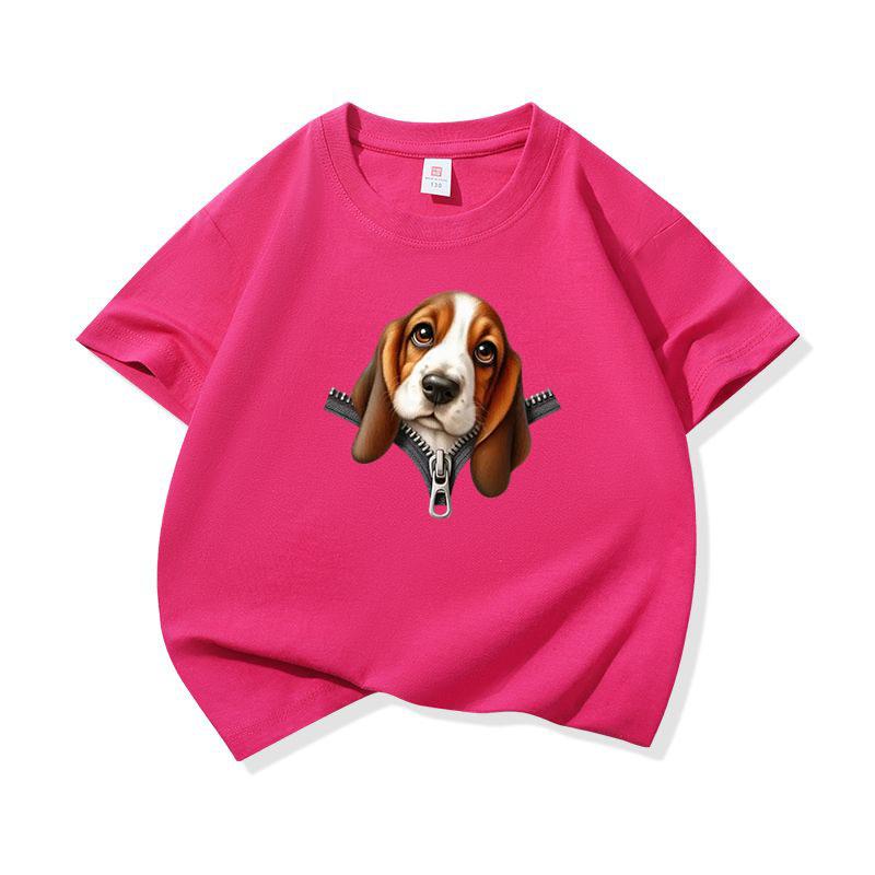 Kids Cotton T Shirt Cute Basset Hound Dog Zipper Print Crew Neck Short Sleeve Tee Casual Breathable Boys Girls Summer Tops