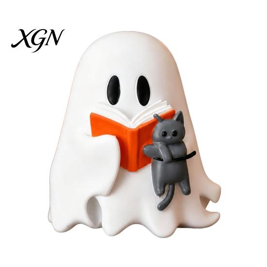 Milchtee Geist Geschenk Halloween Figur, Niedliche Lese Statue, Ornament mit Harz Sammlerstück Kürbis Eimer, Skelett Welpe Tischdeko