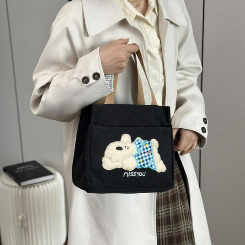 Trendy Canvas Shoulder Bag for Women Large Capacity Cute Bear Print Lunch Tote Handle Bag Comfortable and Texture Storage Bags