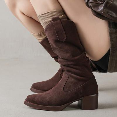 Cow Suede Nubuck Winter Round Toe Med Heels Fashion Boots Women Slip On Pleated Retro Elegant Women Mid-calf Boots